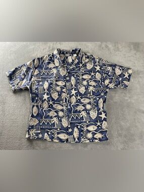 Women’s Silk Hawaiian Button Shirt Size XXL Fish Palms Print Blue Island Aloha